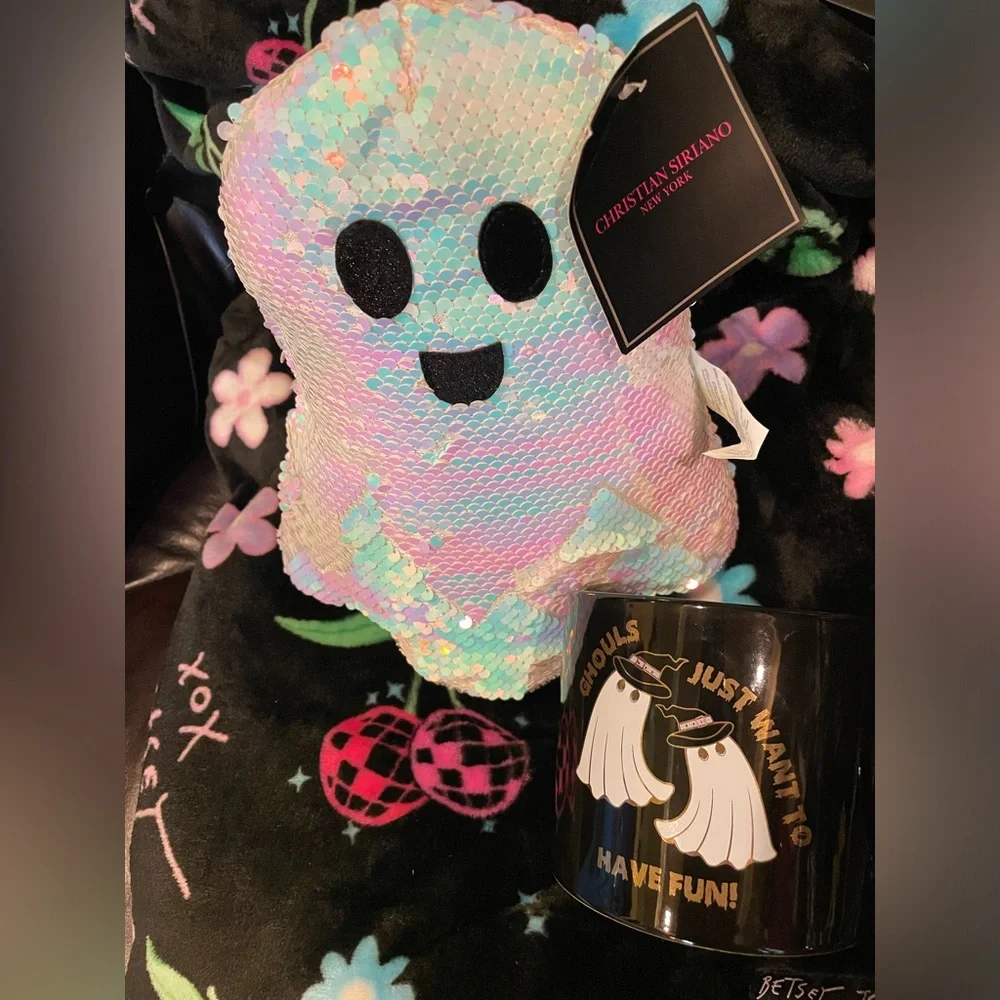 CHRISTIAN SIRIANO NWT White Iridescent Sequin Plush Ghost W/NEW Ghost Coffee Mug